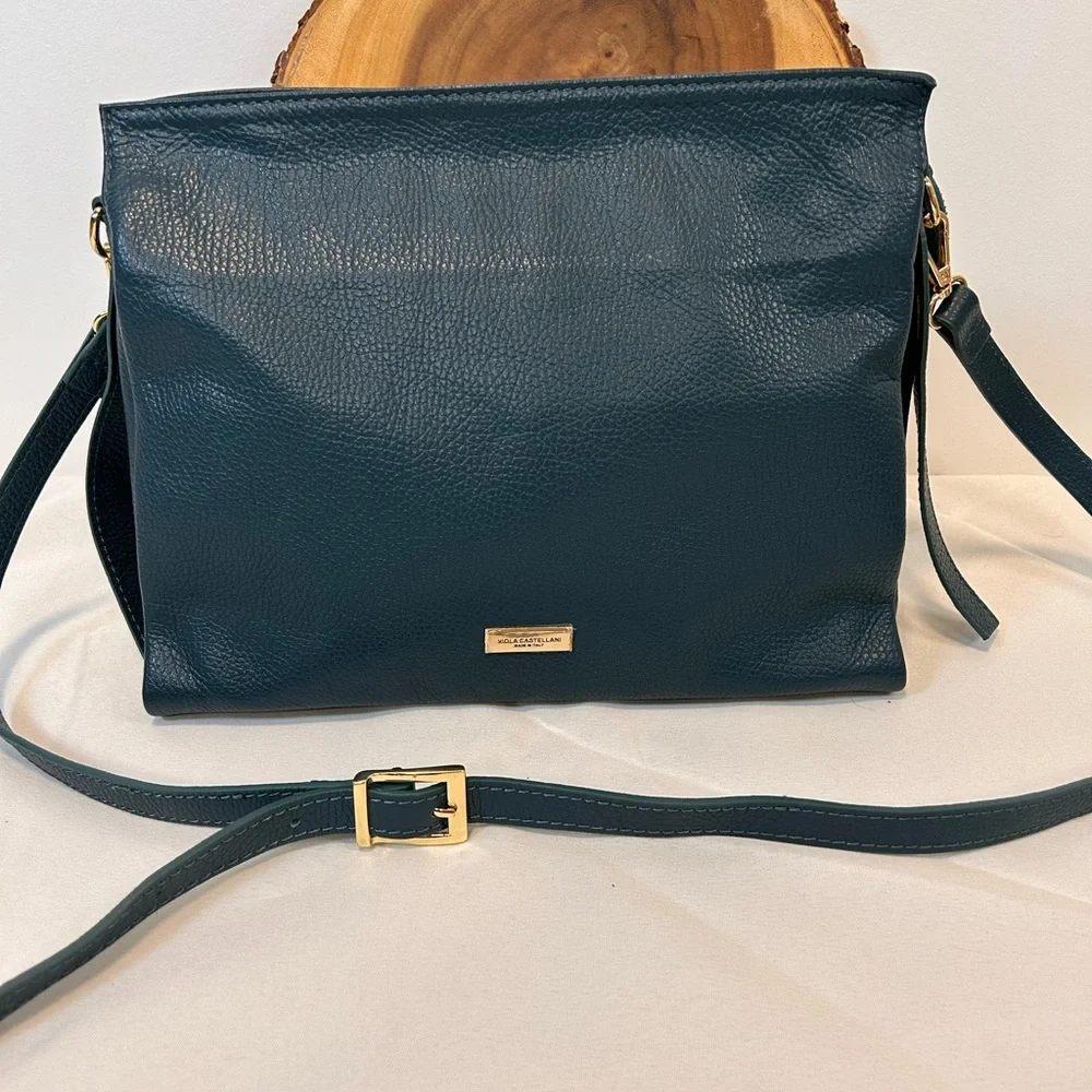 Viola Castellani Italian Genuine Leather Handbag Forest Green Gold Tone Hardware - Picture 11 of 12